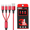 One for three charging cable data cable 1.2 metres TPE nylon braid red blue gold black silver