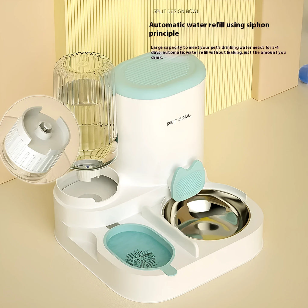 Automatic cat water fountain and feeding bowl integrated unit plastic construction 27x27x24cm stainless steel option
