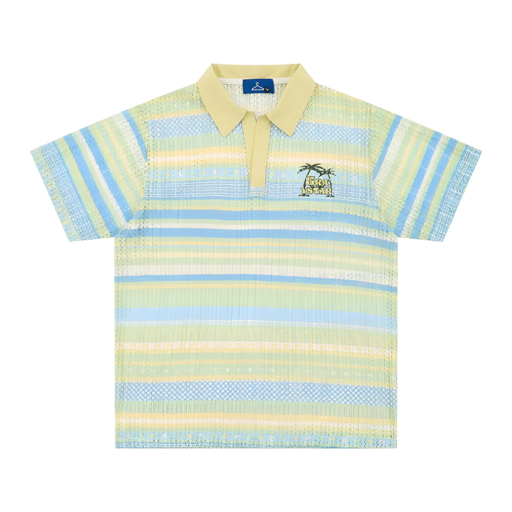 Men's blue printed short sleeve shirt with loose leisure fit and elastic polyester fabric