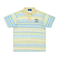 Men's blue printed short sleeve shirt with loose leisure fit and elastic polyester fabric