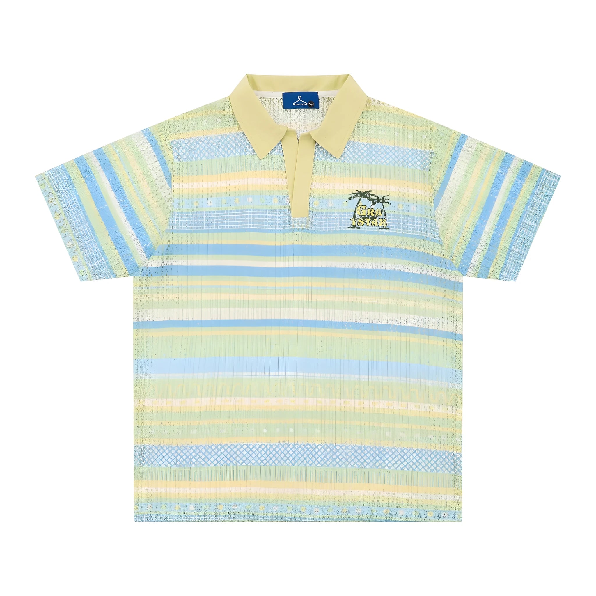 Men's blue printed short sleeve shirt with loose leisure fit and elastic polyester fabric