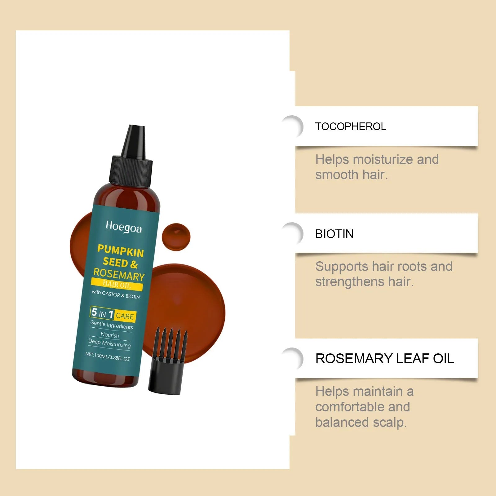Rosemary hair essential oil 100ml bottle with pointed applicator and hair comb