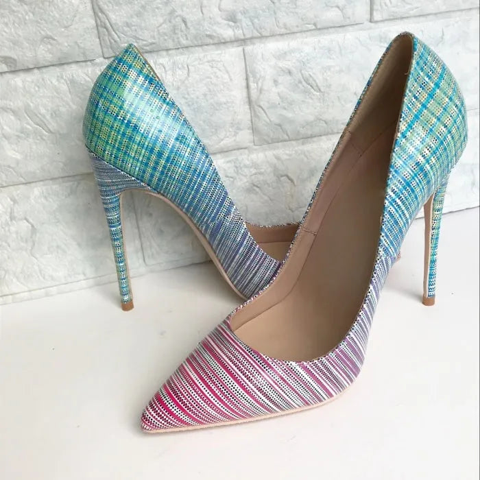 Ladies pink and blue gradient patent leather pointed toe high heels on a white background