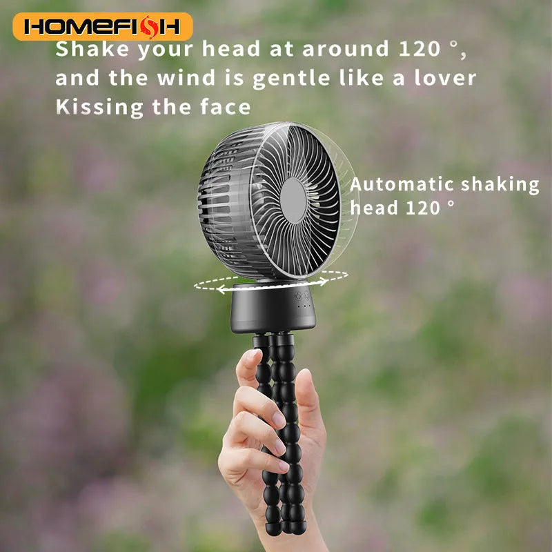 HOMEFISH F2 automatic shake head rechargeable fan with LED light and removable mounting bracket.