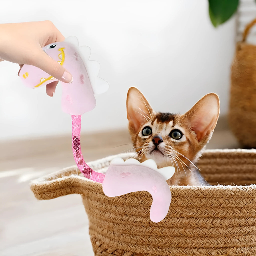 Set of four cat toys including catnip rope, springs and kicker toys in pink, purple or yellow