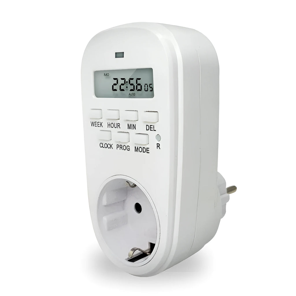 White digital timer timing programming socket with 7-day 20-group schedule, EU/UK/US plug options