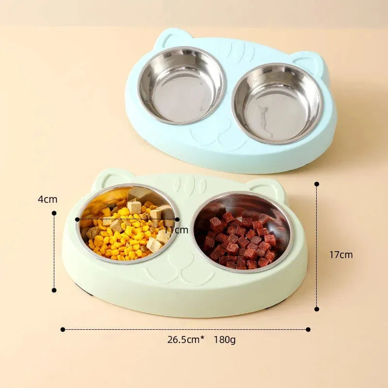 Blue plastic pet feeding tray with two built-in bowls for cat or dog food and water.