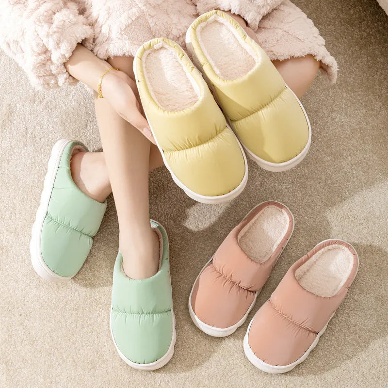 Artificial leather winter house slippers with thick rubber anti-slip soles and plush lining in blue colour