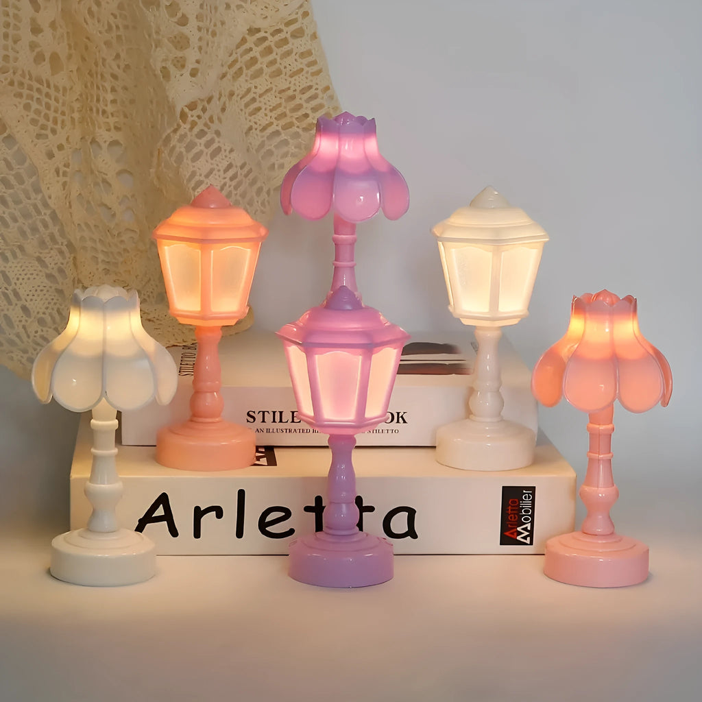 Retro pagoda lotus atmosphere small night lamp with built-in battery, geometric stereo design, light purple colour