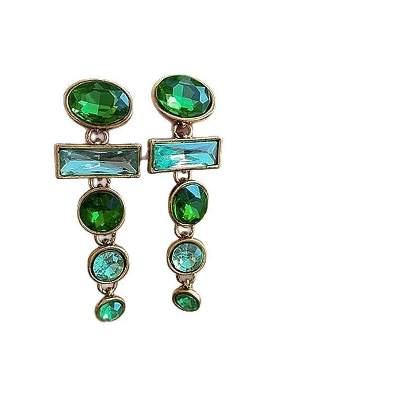 Chinese style geometric alloy earrings with retro green gradient colour and zircon inlaid tassels