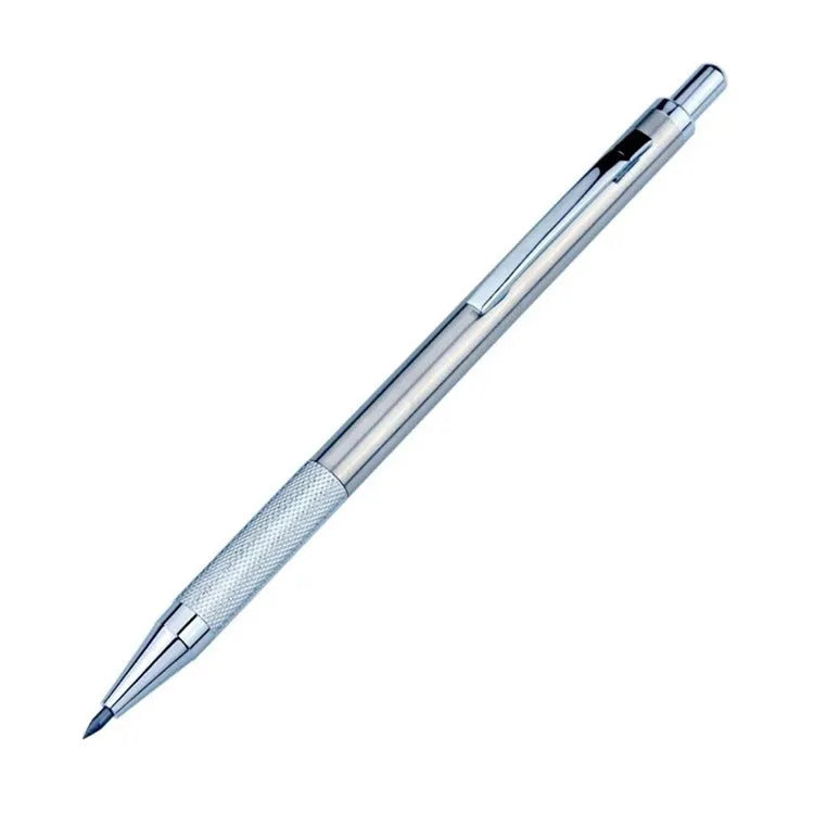 Silver metal automatic mechanical pencil with various lead size options shown.