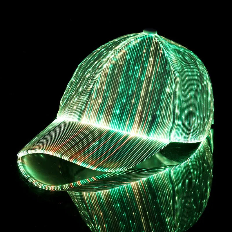 Luminous baseball cap with LED light fibre optic glow, dome crown, black colour, free size