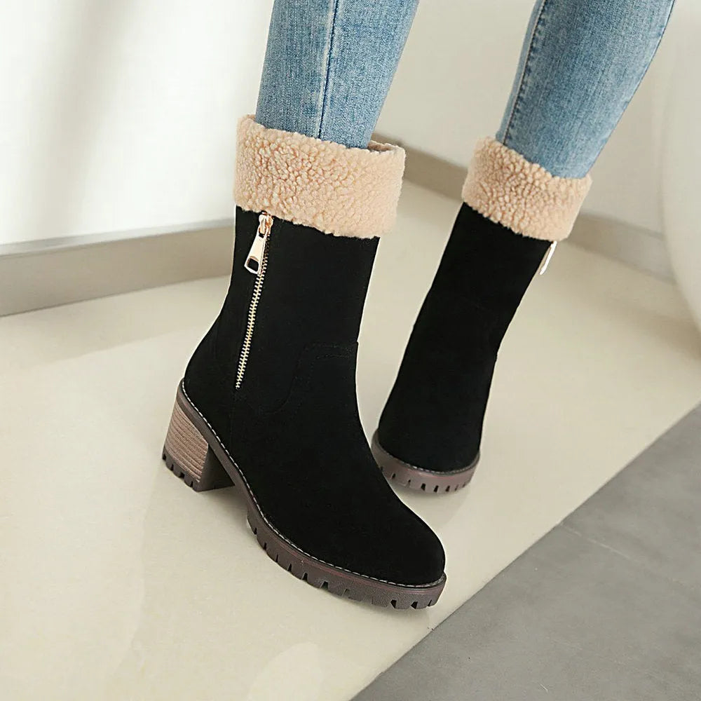 Snow boots with plush lining and rubber sole in black, grey, green, or orange.