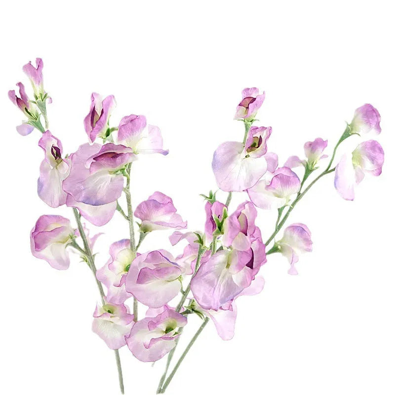Silk artificial pea flower single stem in pink with green wire stem on white background
