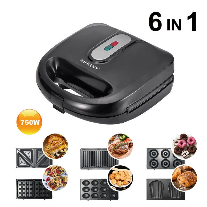 Black double-sided electric sandwich pan with brushed stainless steel cover on a kitchen counter.
