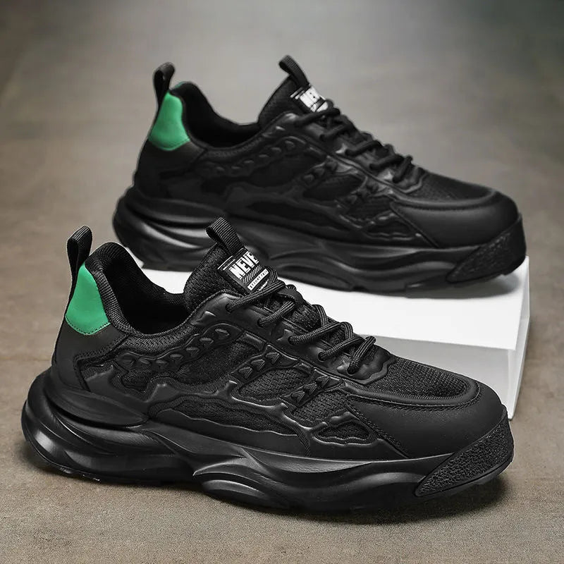 Men's white and black breathable mesh shoes with round toe design showing PU mesh upper construction
