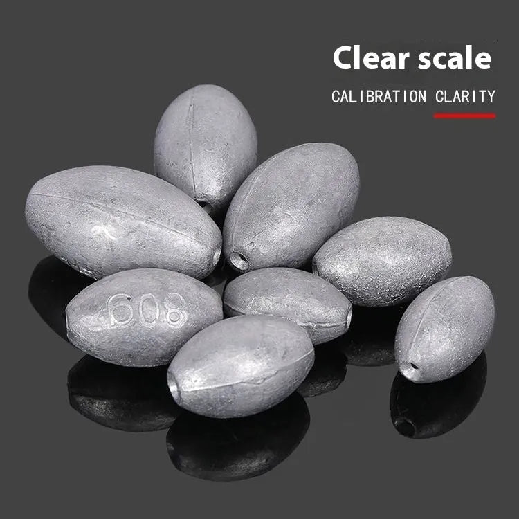 Tongxin scale pattern olive lead fishing sinker in rugby shape, showing weight options from 10g to 150g.