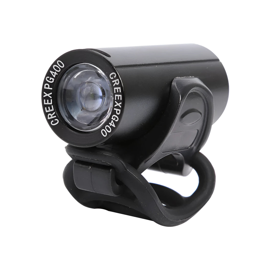 Black rechargeable 350 lumen USB bicycle front light mounted on handlebars for night cycling