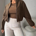 Women's off-shoulder jacket with lantern sleeves in polyester fabric, available in brown or milky white