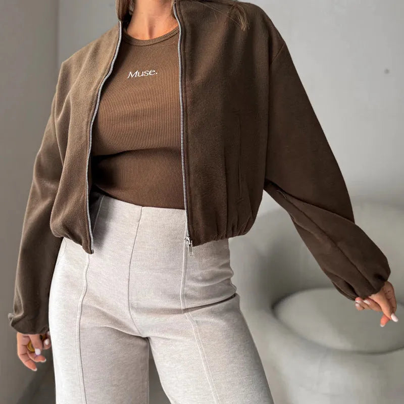 Women's off-shoulder jacket with lantern sleeves in polyester fabric, available in brown or milky white