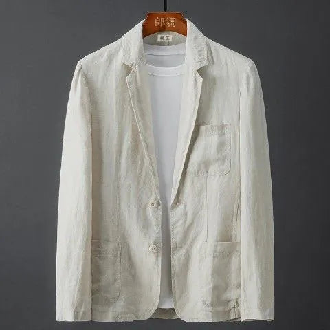 Men's solid colour suit blazer in slim fit with nine-point sleeves in linen white, available in sizes M to 4XL, chlorine fibre fabric