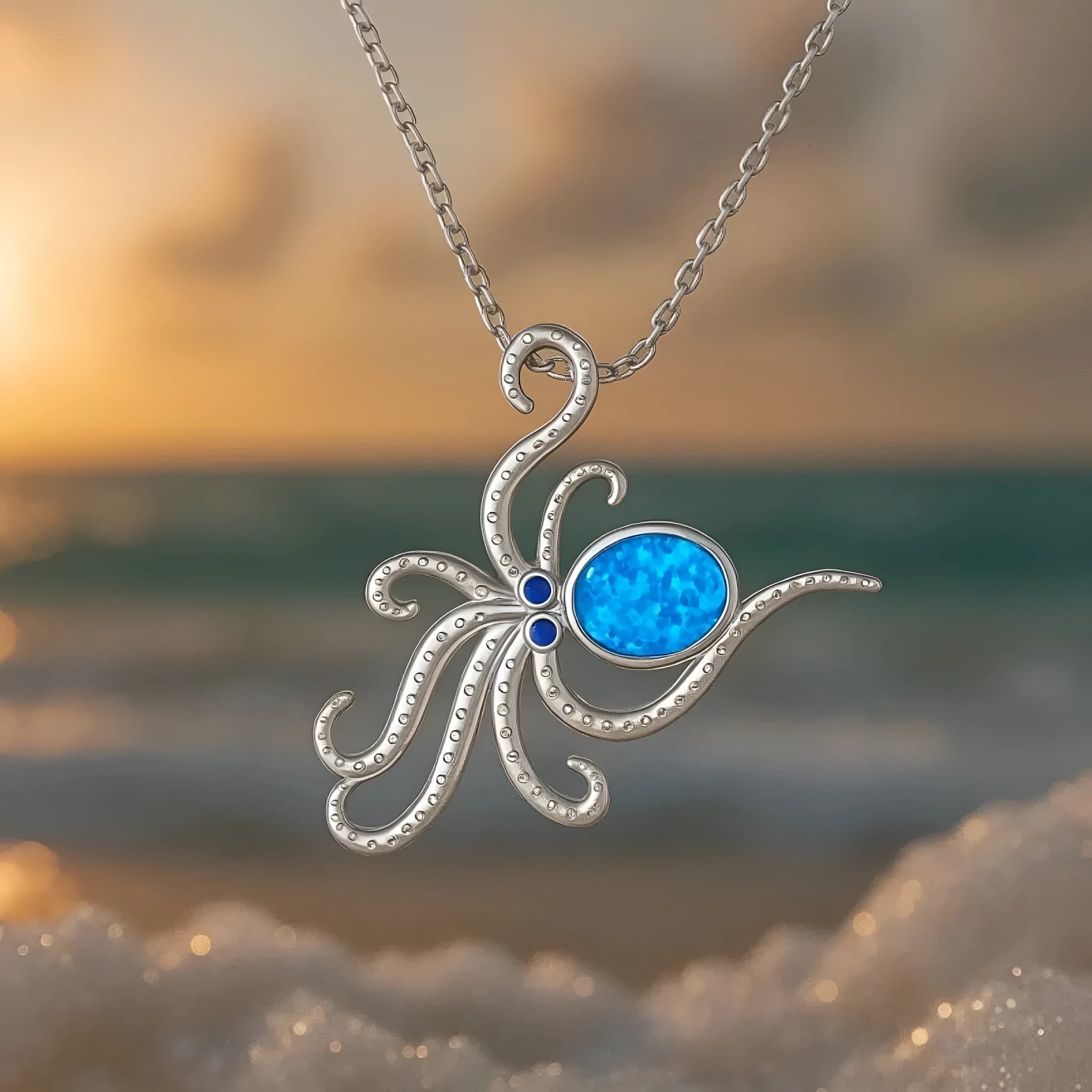 Silver stainless steel opal octopus necklace with geometry pendant on box chain