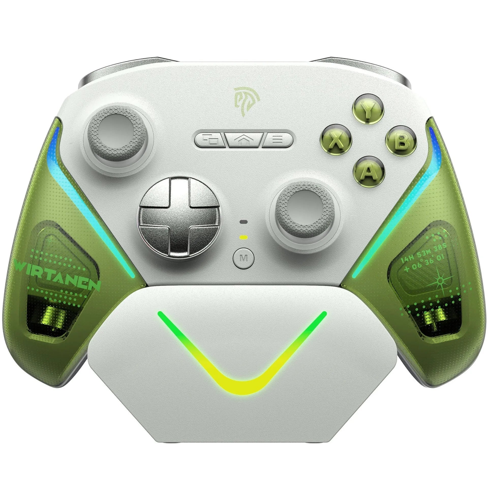 Black Smart Startstop game controller charging base with dual-cut triggers on a desk.