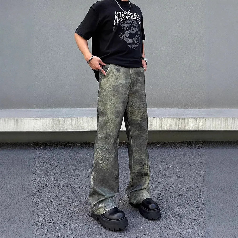 Men's straight-leg camouflage print jeans on a white background