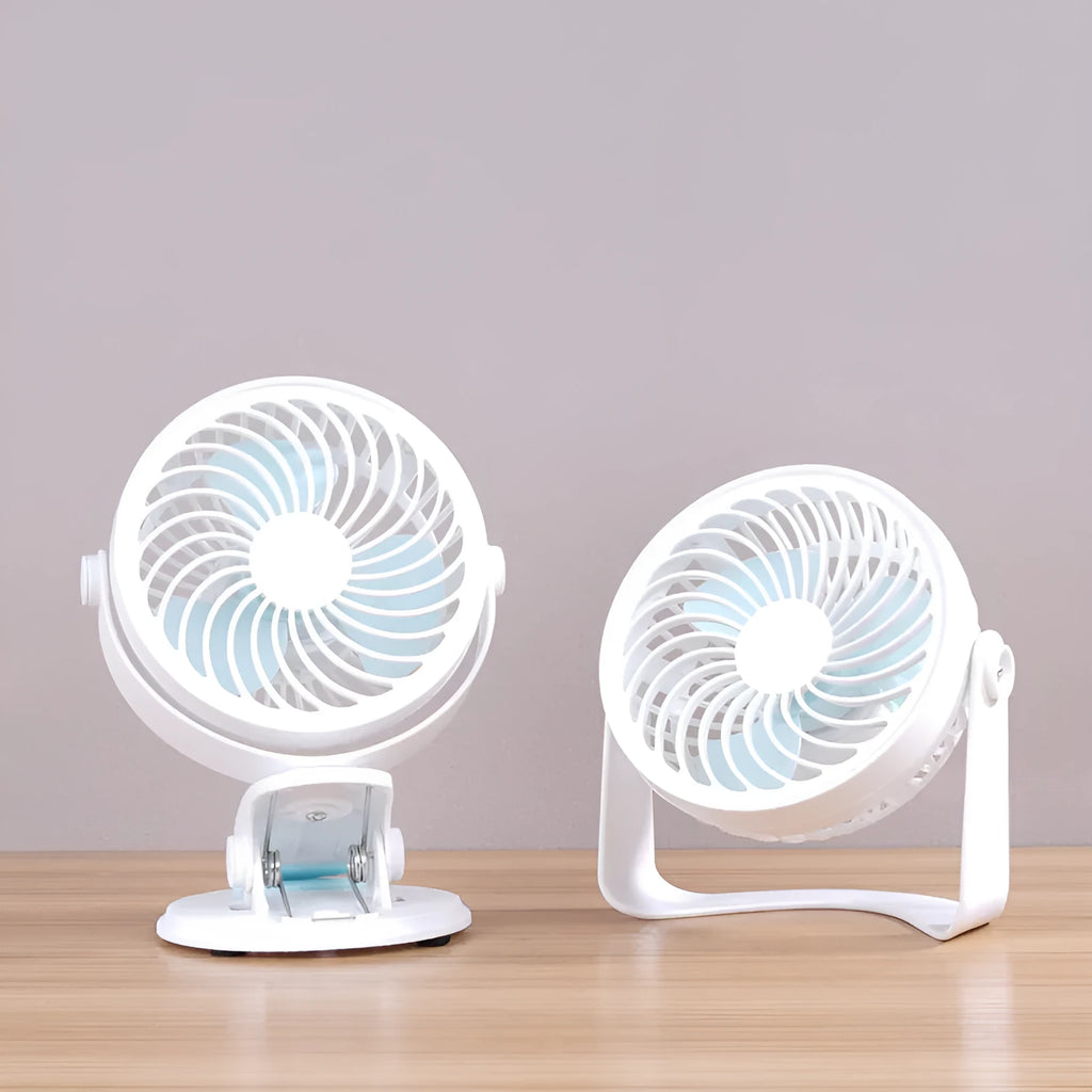 USB desk fan shown as both clip-mounted and floor-standing versions with three blades and mechanical dial control