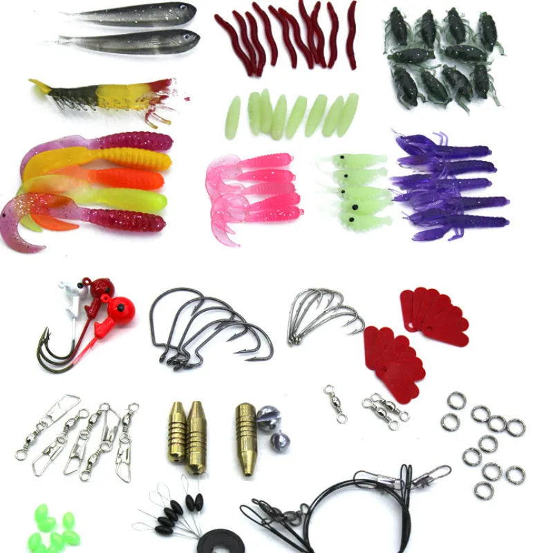 132-piece fishing lure set with soft plastic baits and steel hooks in rose red colour scheme