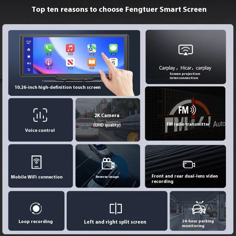 10-inch car smart screen with Carplay, driving recorder and navigation system on dashboard