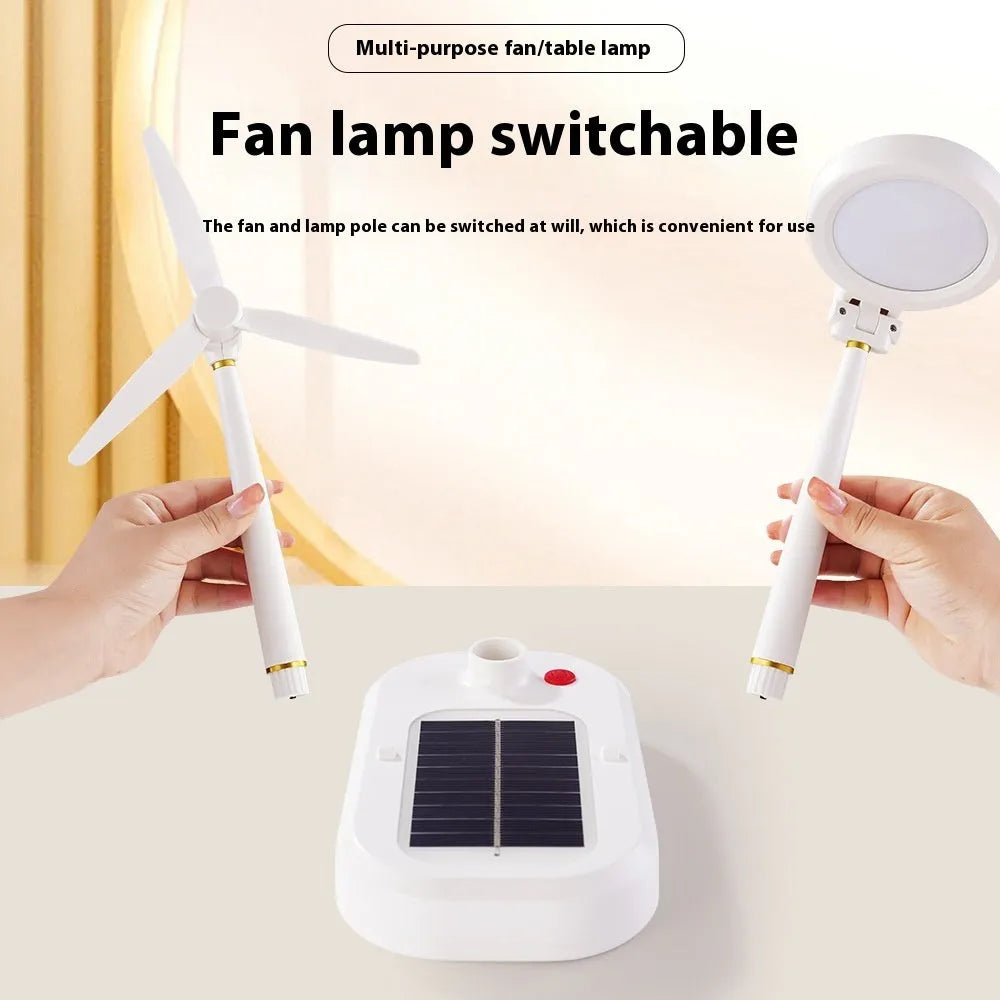 Ivory white solar-powered table fan and LED desk lamp with USB-C charging port