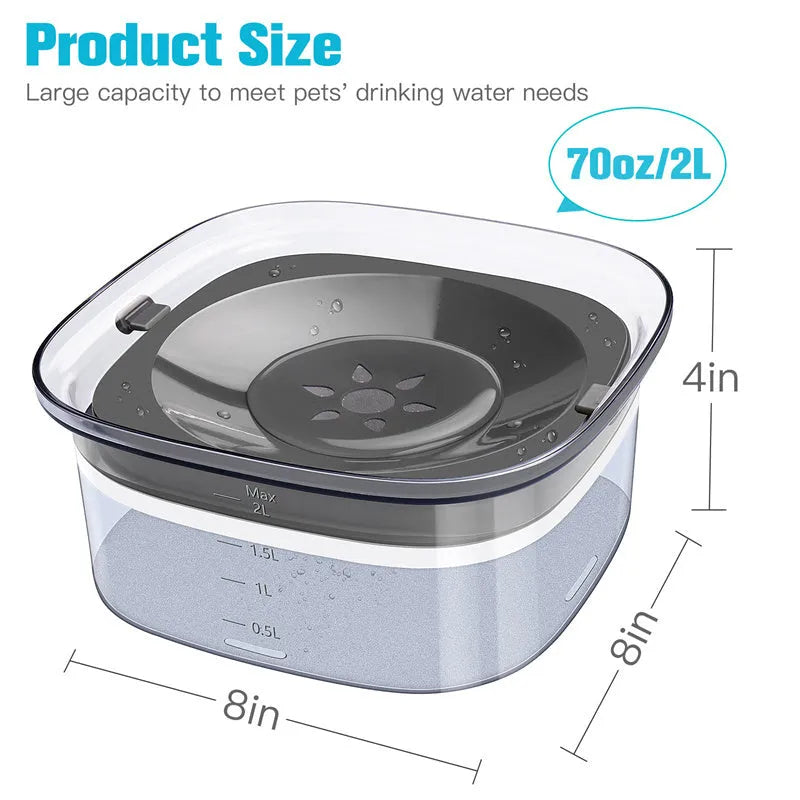 Transparent 70oz/2L dog water bowl with visible water level and floating disk