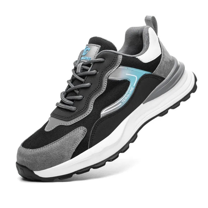 Men's low-top safety work shoes with nubuck leather and flyknit mesh upper, plastic steel toe, and PU sole