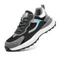 Men's low-top safety work shoes with nubuck leather and flyknit mesh upper, plastic steel toe, and PU sole