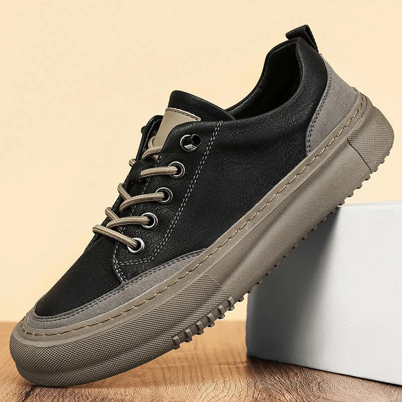 British round toe men's leather shoes – microfiber upper, rubber sole, flat heel, front lace-up, black colour, low-top board shoe style