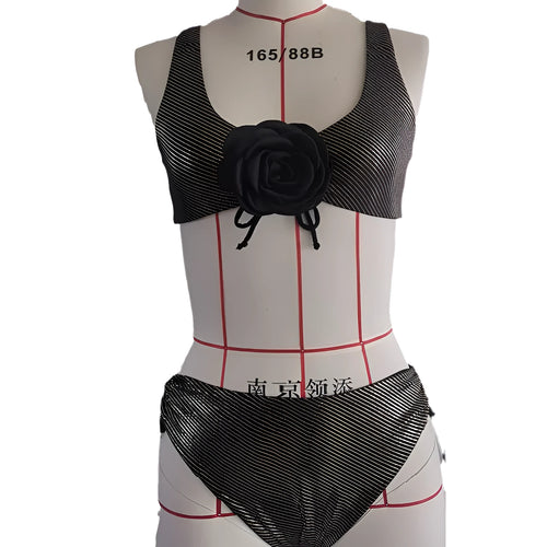 3D stereo triangle swimsuit for women in black polyester, sleeveless sport style, front view
