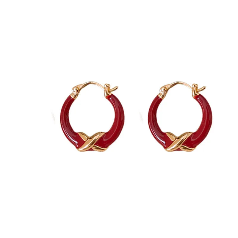 Real gold plating red enamel earrings for women copper geometric ear clip letter motif