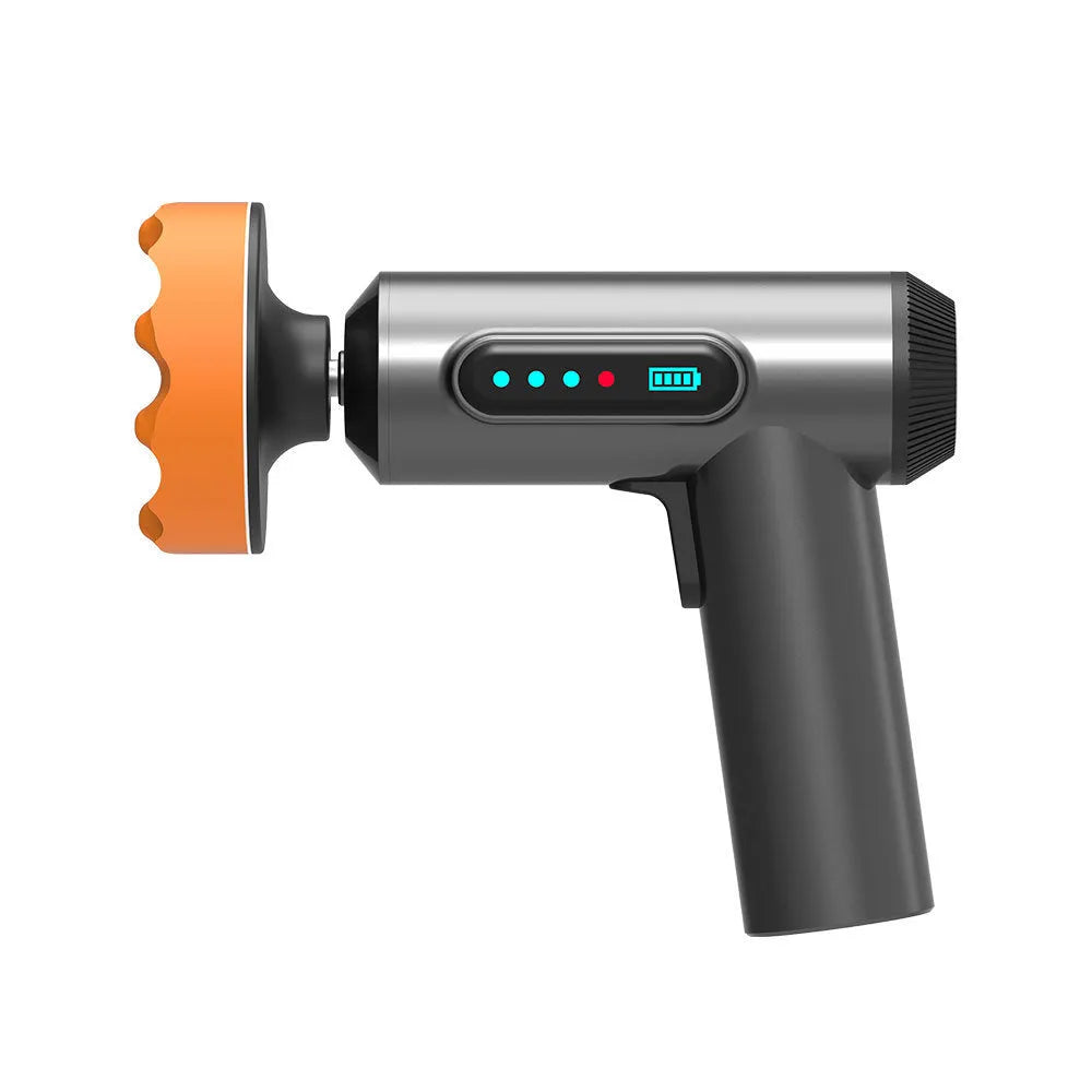 Wireless lithium battery waxing and polishing machine with a white plastic body and a grey polishing disc.