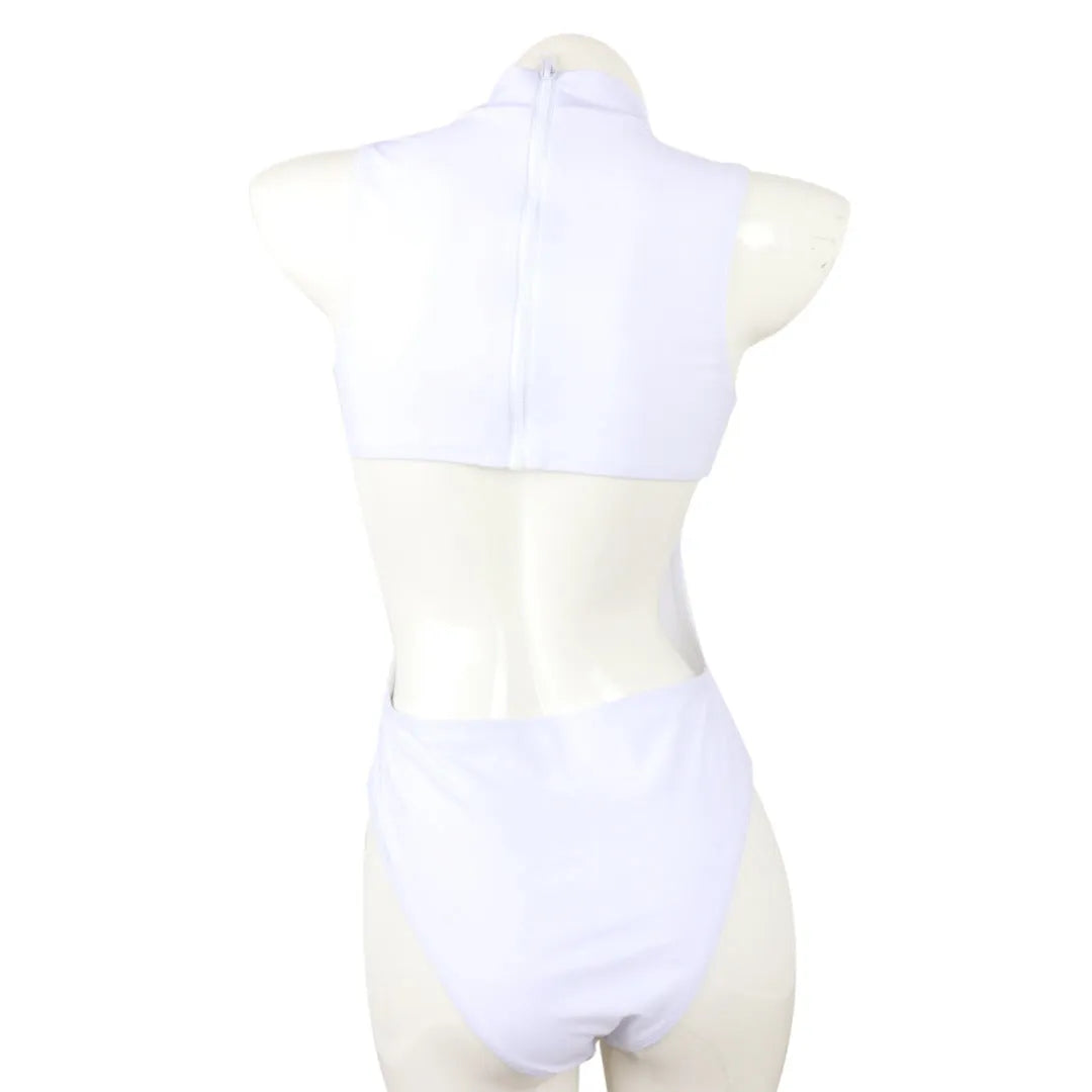Zipper ladies one-piece nylon swimsuit in black with front zip, full coverage design, side view