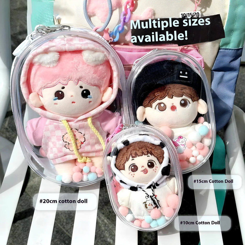 Transparent PVC cube storage bag with colourful ball keychain for cotton dolls and postcards