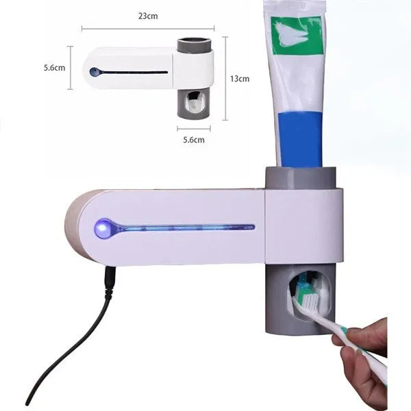 White ABS 3-in-1 toothbrush holder with UV steriliser and toothpaste dispenser, wall mounted with five slots
