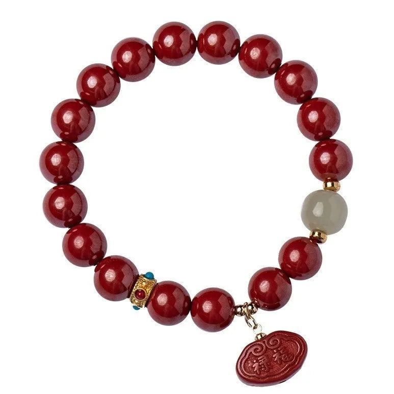 Cinnabar bracelet with emperor sandstone birth year charms in 8mm or 10mm bead sizes