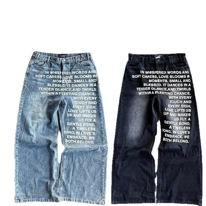 Men's loose wide-leg straight cotton trousers in black, front view, on model