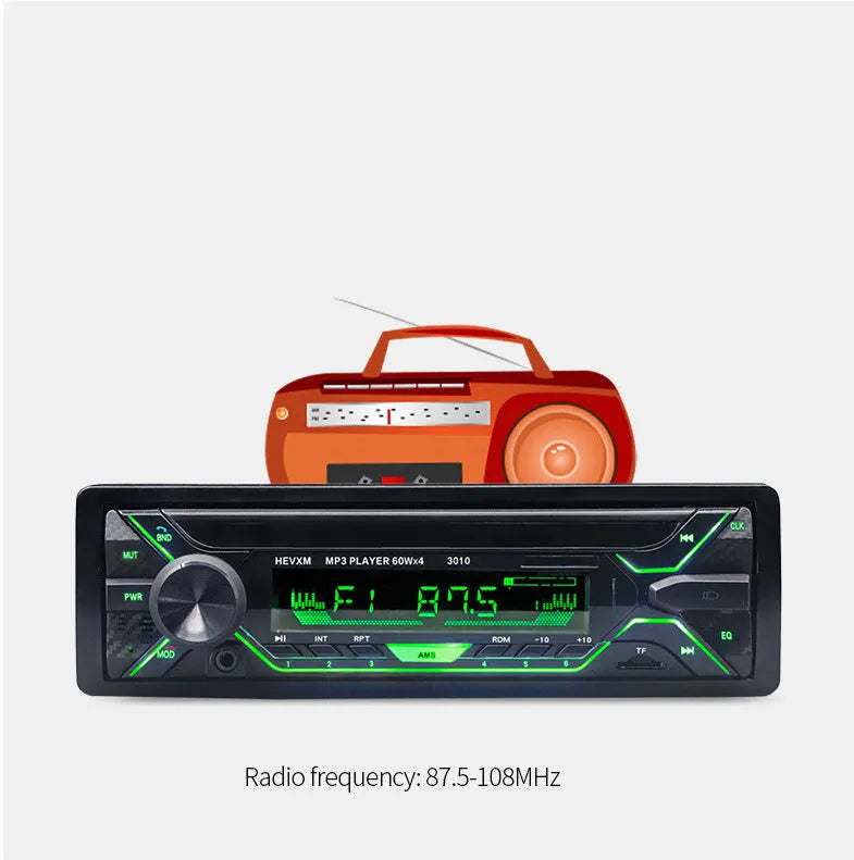 Single-DIN car stereo with LCD display, rotary volume knob, USB port, and buttons for Bluetooth and radio