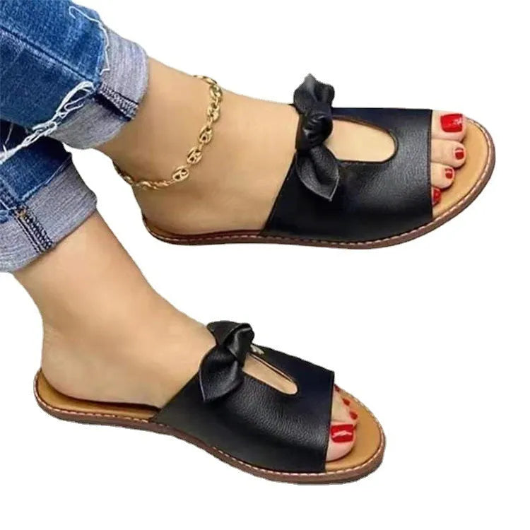 Women's black fish mouth sandals with a bow decoration on the upper