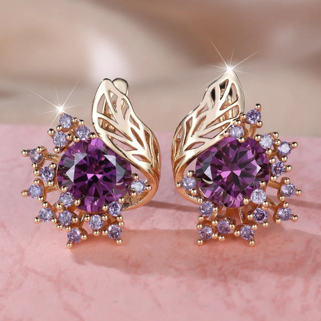 Round floral feather earrings with zircon stone centre in champagne gold finish, available in six coloured diamond options