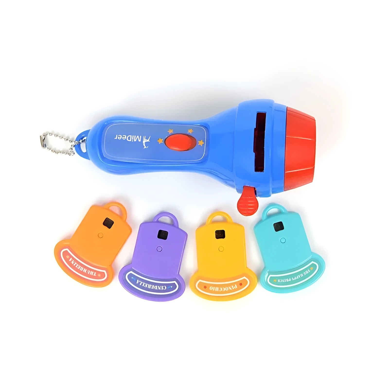 SmartKids children's story projector torch with four fairy tale discs projecting images on wall