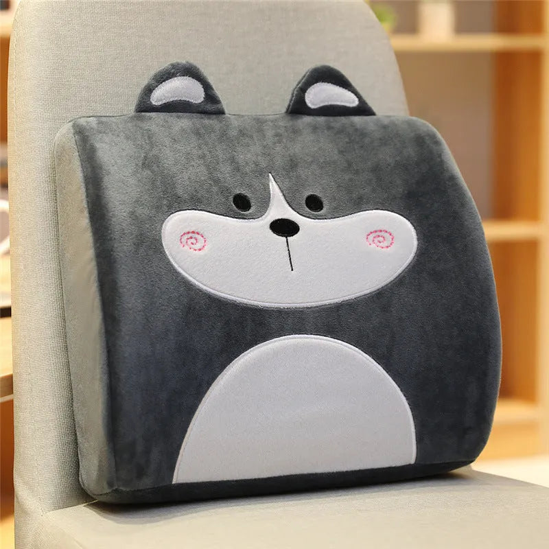 Cartoon character lumbar support pillow with removable memory foam core in pink unicorn design on office chair.