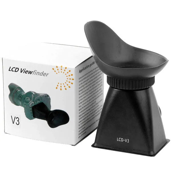Black camera LCD viewfinder amplifier with magnification lens mounted on DSLR camera